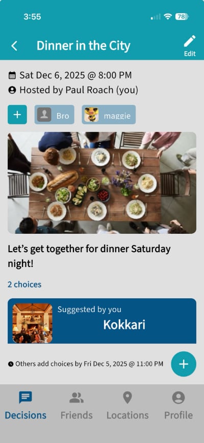 Decision detail view with participants and choices